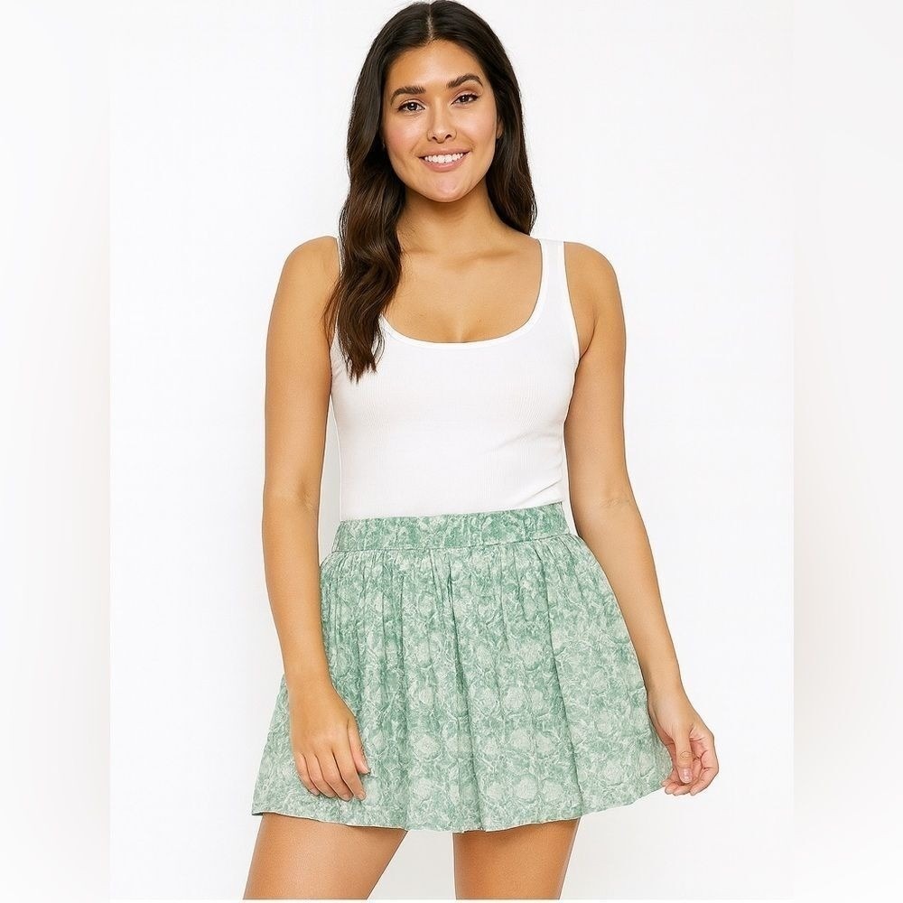 American Eagle Womens Green Floral Linen Blend Mini Pleated Mini Skirt S